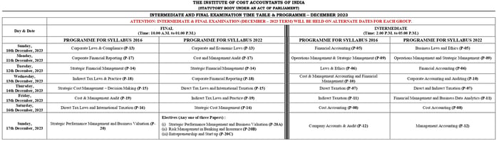 tometable of dec 2023 